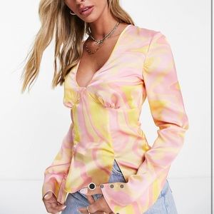 ASOS DESIGN v neck satin long sleeve blouse in abstract pink and yellow print